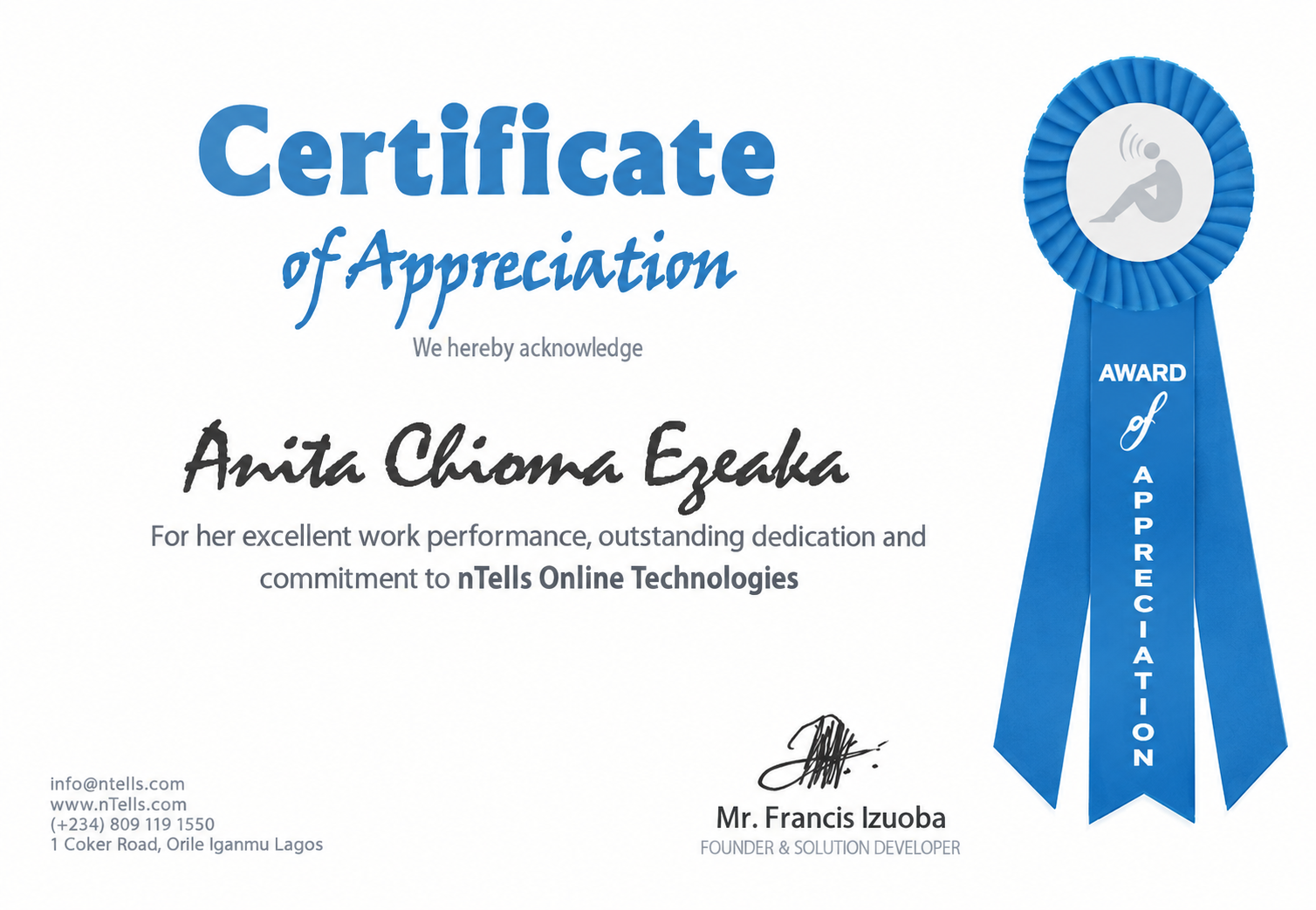 Anita Izuoba certificate
